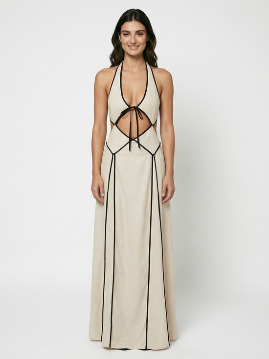 Peppermayo Dresses & Skirts - PepperMayo Women’s Cream & Black Contrast Trim Halter Cutout Maxi Dres. Size XS